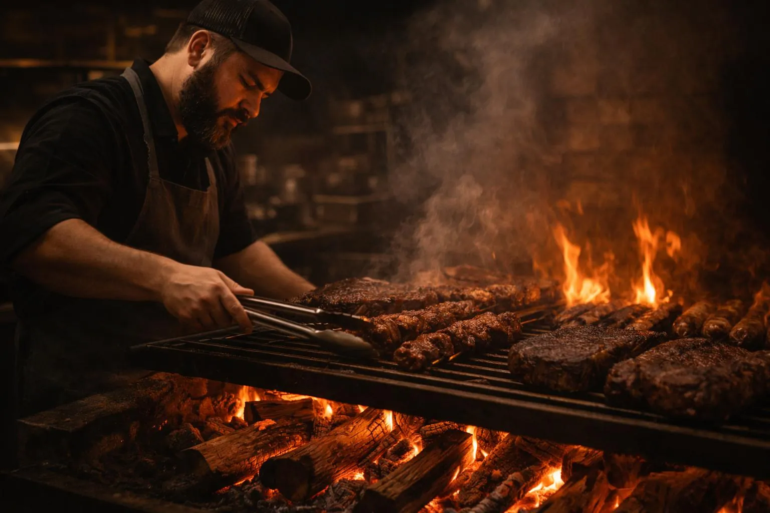 Chef tending cuts of beef over the open-fire churrasco grill